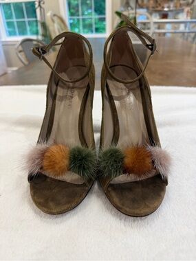 Donald J. Pliner Olive Suede Heels with Mink Pom Poms